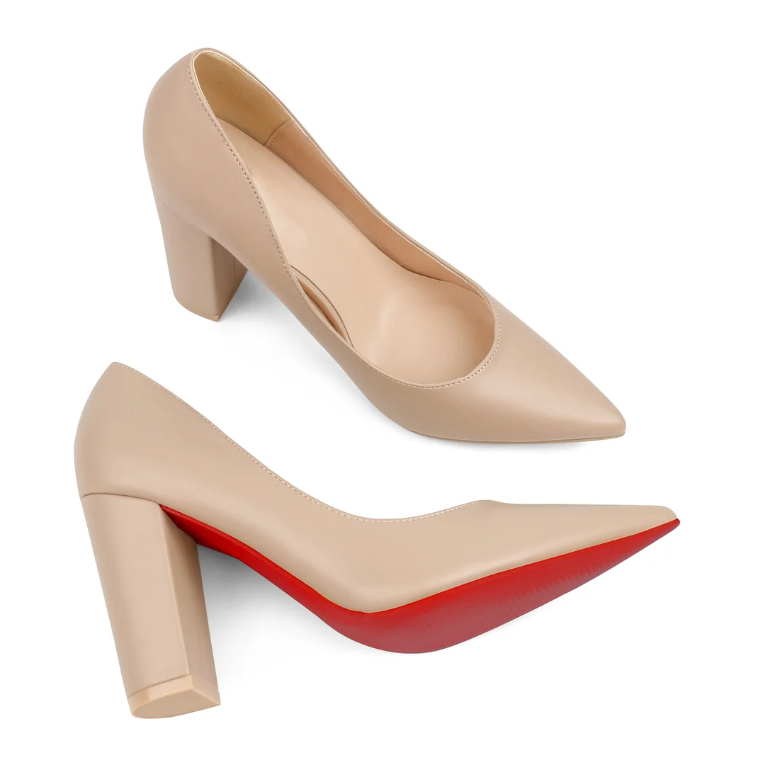 3.5" Women's Chunky Heels Red Bottom Shoes Comfortable Middle Block Heel Matte Pumps-MERUMOTE