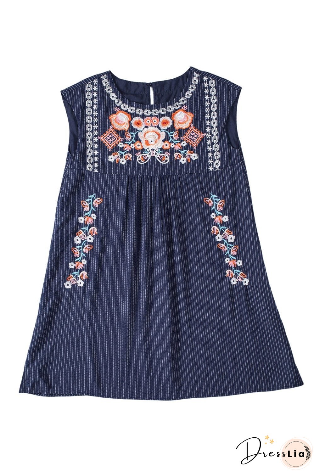 Blue Striped Embroidered Sleeveless Mini Dress with Southern Belle Style