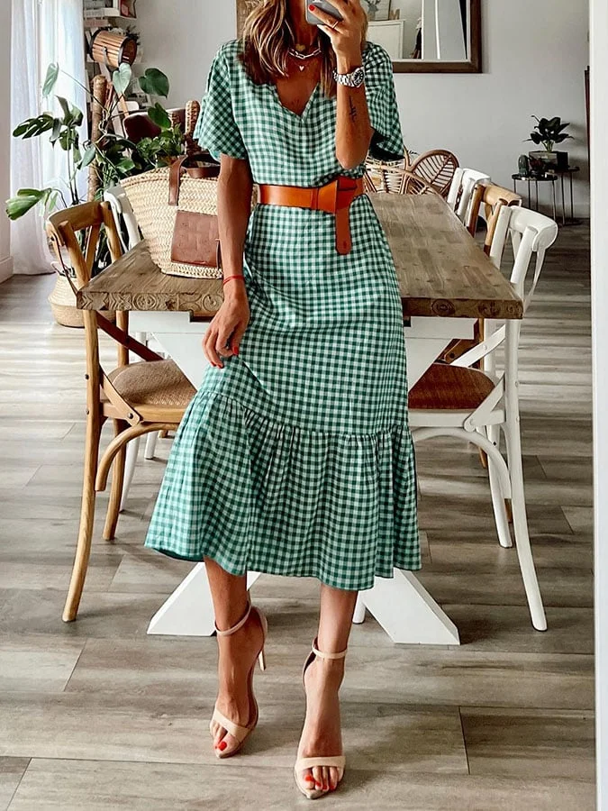 Women's Casual Plaid Loose Short Sleeve Dress (Belt Not Included)