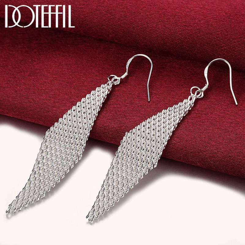 DOTEFFIL 925 Sterling Silver Long Grid Leaf Shape Earrings Charm Women Jewelry