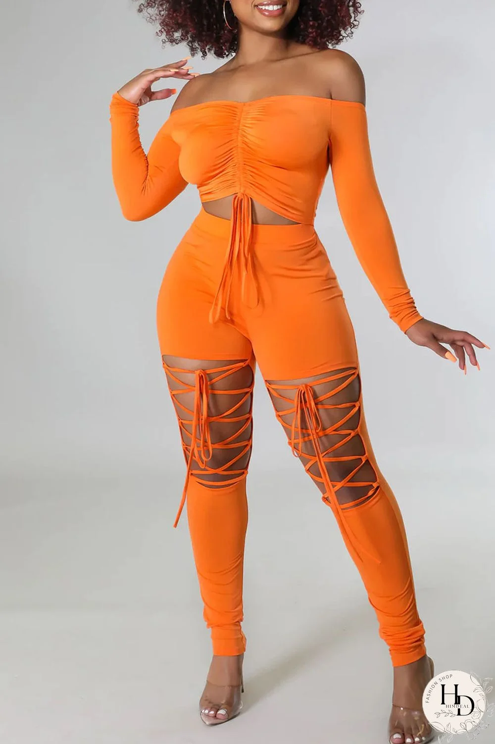 Tangerine Sexy Solid Bandage Hollowed Out Patchwork Off the Shoulder Long Sleeve Two Pieces