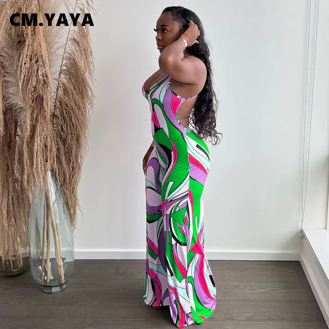 CM.YAYA Women Wave Paisley Spaghetti Strap Wide Leg Jumpsuit 2022 Summer Beach Holiday Sexy Party Blackless Playsuit Overalls