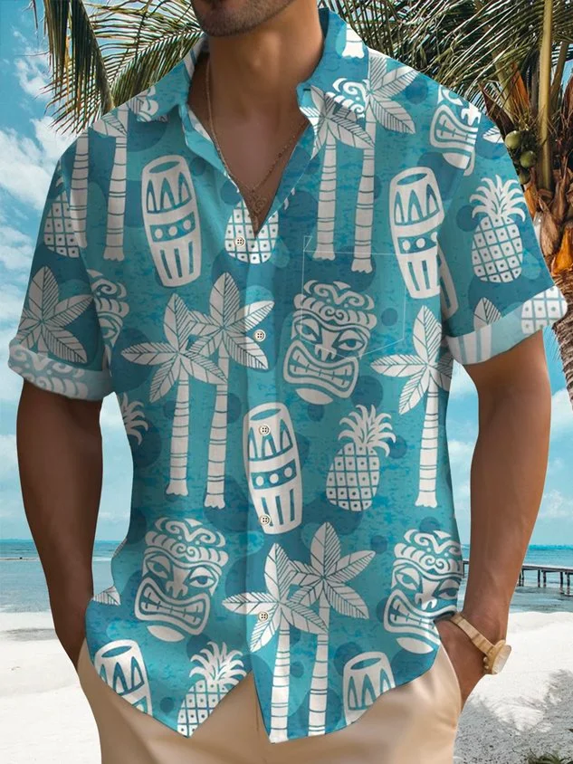 TiKi Coconut Tree Pineapple Print Men's Vacation Hawaii Big And Tall Aloha Shirt