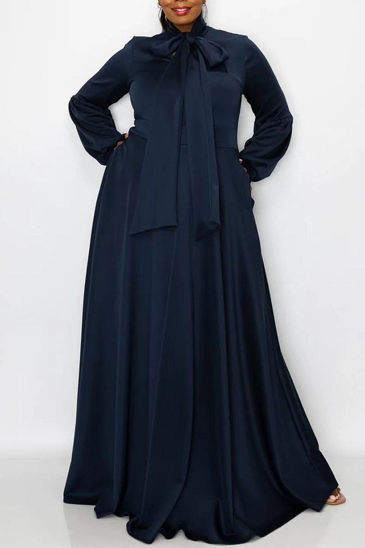 Xpluswear Plus Size Formal Black Bownot Collar Long Sleeve Belt Zipper With Pocket Maxi Dress
