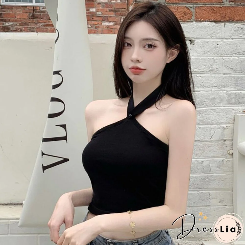 Spring Summer Sexy Halter Tanks Women Off Shoulder Knitted Crop Tops Korean Fashion Street Wear Sleeveless Black Vest New
