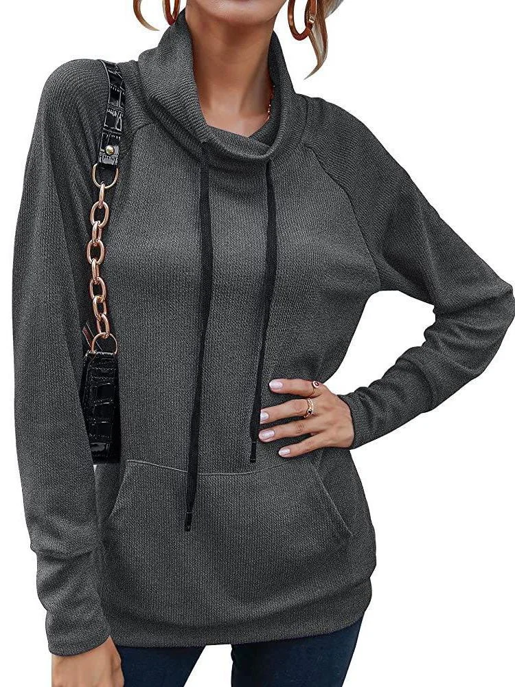 Women's Casual High Neck Long Sleeve Sweater With Drawstring Hood Top