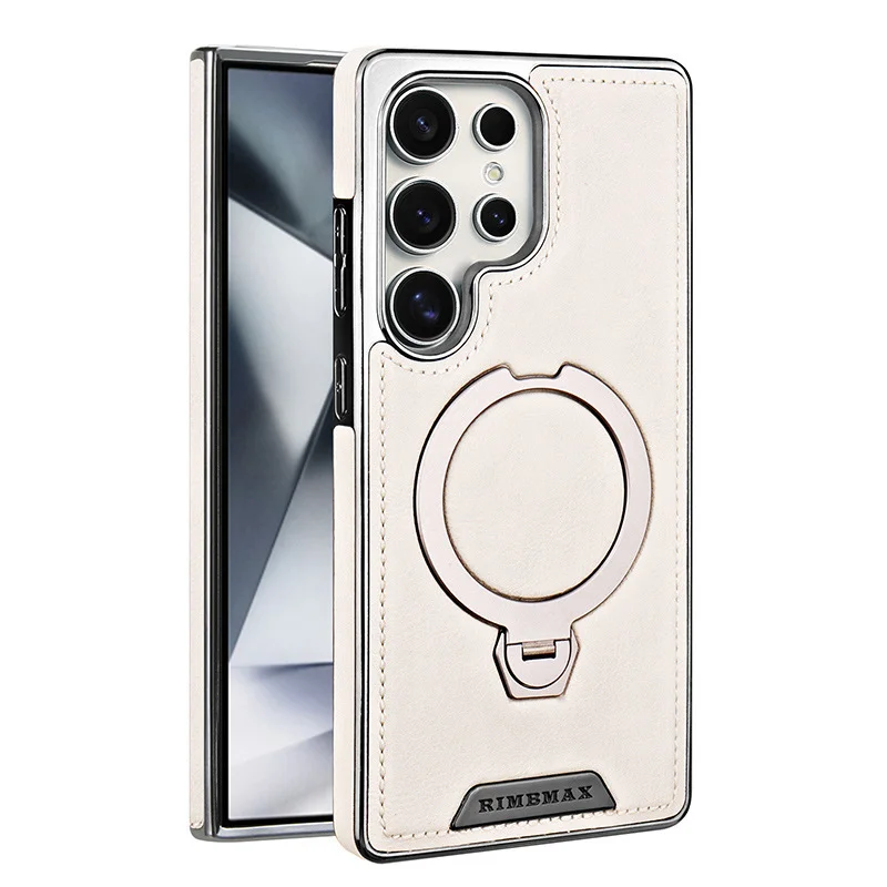 Samsung S25Ultra mobile phone case 360 ​​degree rotating magnetic bracket high-end leather grain