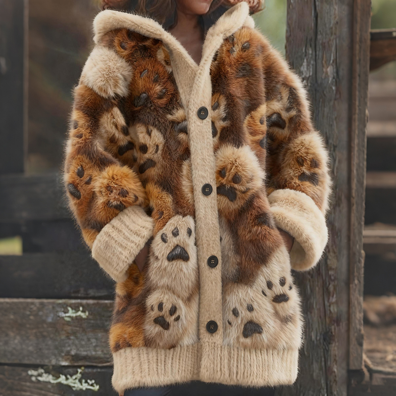Classy Fuzzy Cat Paw Mocha Cozy Knit Hooded Cardigan elevenforest