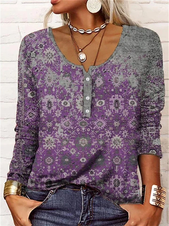 Women's T shirt Tee Blue Purple Red Geometric Print Long Sleeve Home Casual Basic U Neck Regular Loose Fit Geometric