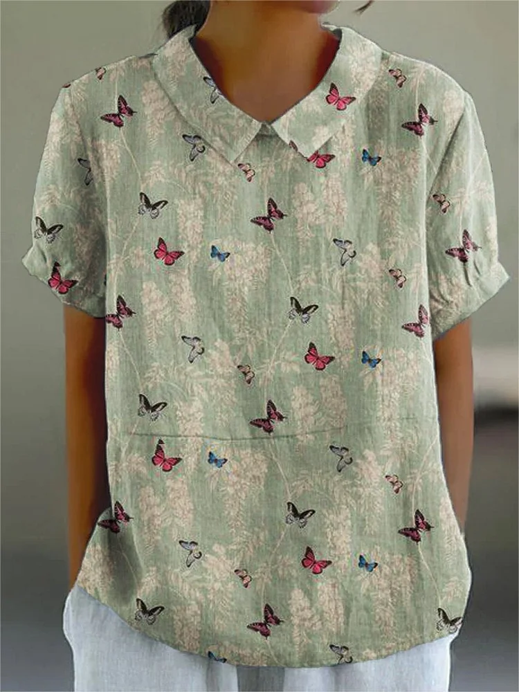 Women's Flower  Butterfly Art Print Casual Cotton And Linen Shirt