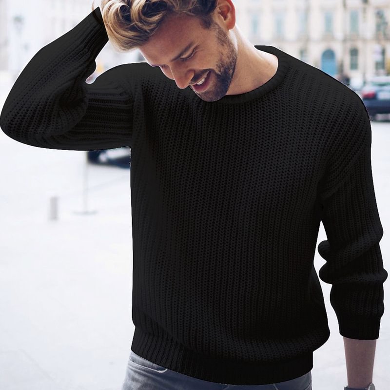 Men's Pullover Casual Solid Knitted Crew Neck Sweaters-VESSFUL