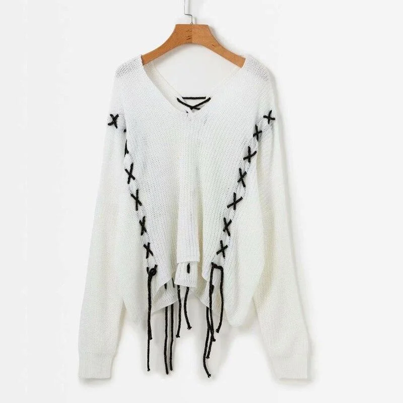 Autumn Winter White Loose Lace Up Sweater For Women Casual Long Sleeve One Shoulder Jumper Clothes Knitting Pullover Sweaters