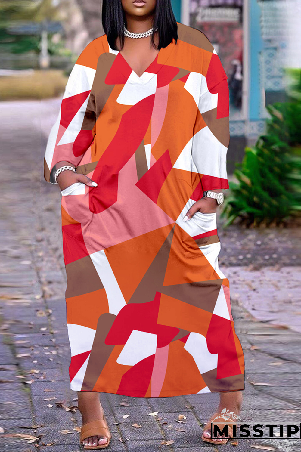 Blue Casual Print Patchwork V Neck Straight Dresses