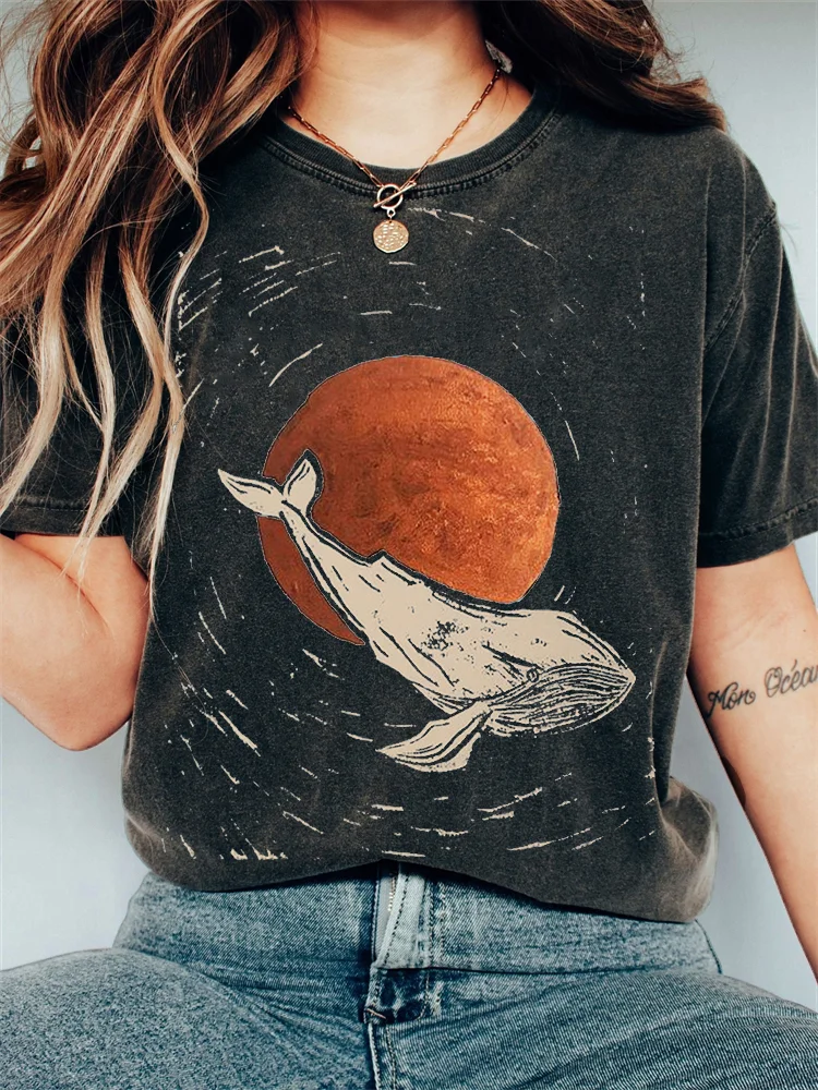 Comstylish Whale & Sunrise Japanese Lino Art Vintage Washed T Shirt