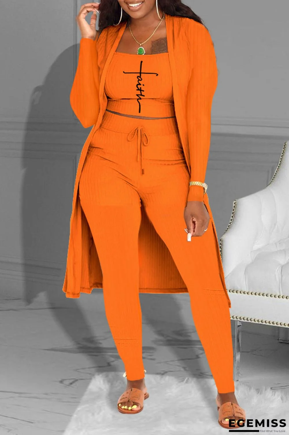 Tangerine Red Casual Print Patchwork U Neck Long Sleeve Three Pieces | EGEMISS