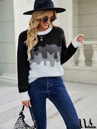 MidiSono - Color Block Dropped Shoulder Sweater