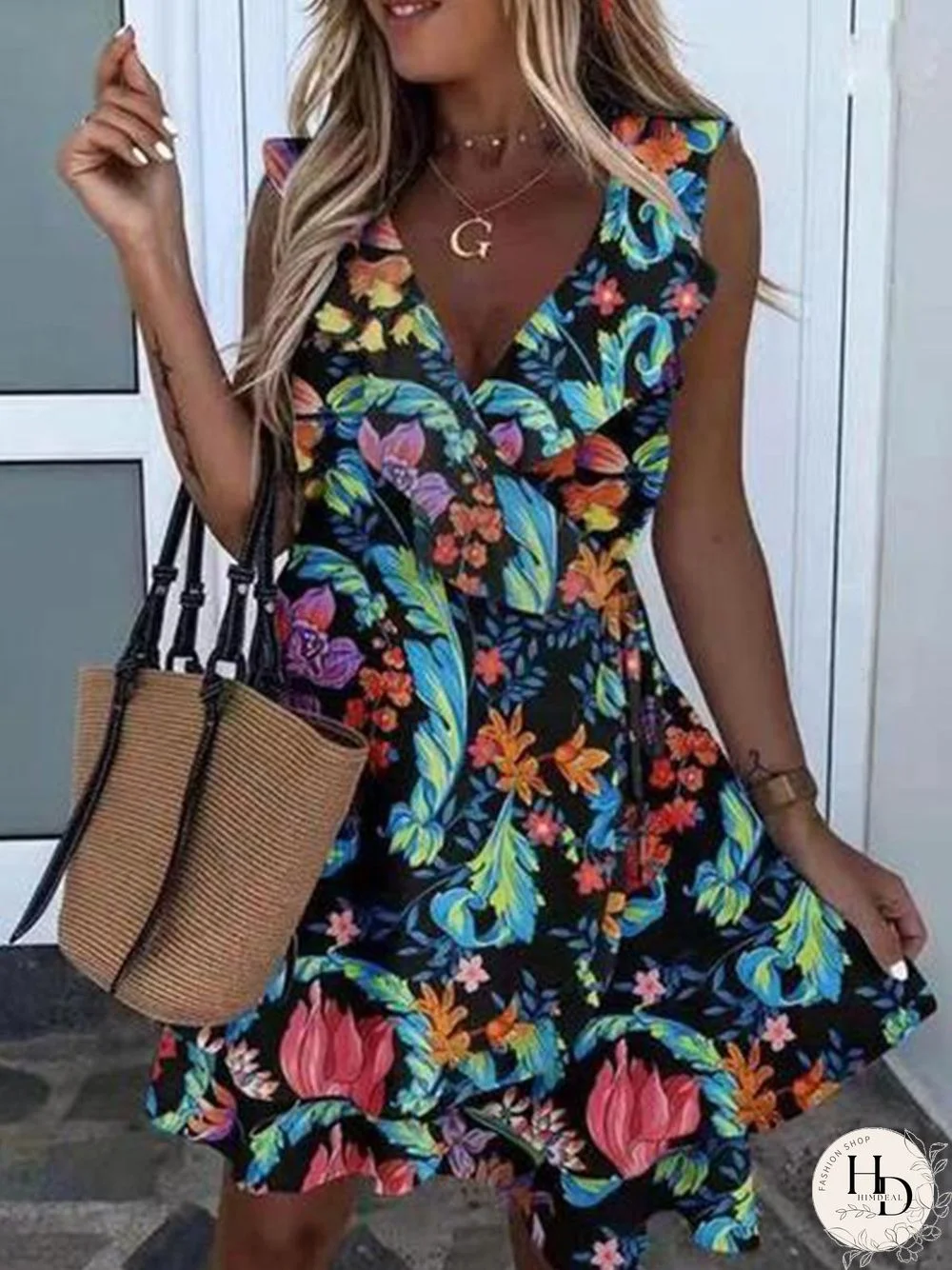 V-neck Sleeveless Flower Print Ruffle Mini Dress P16330