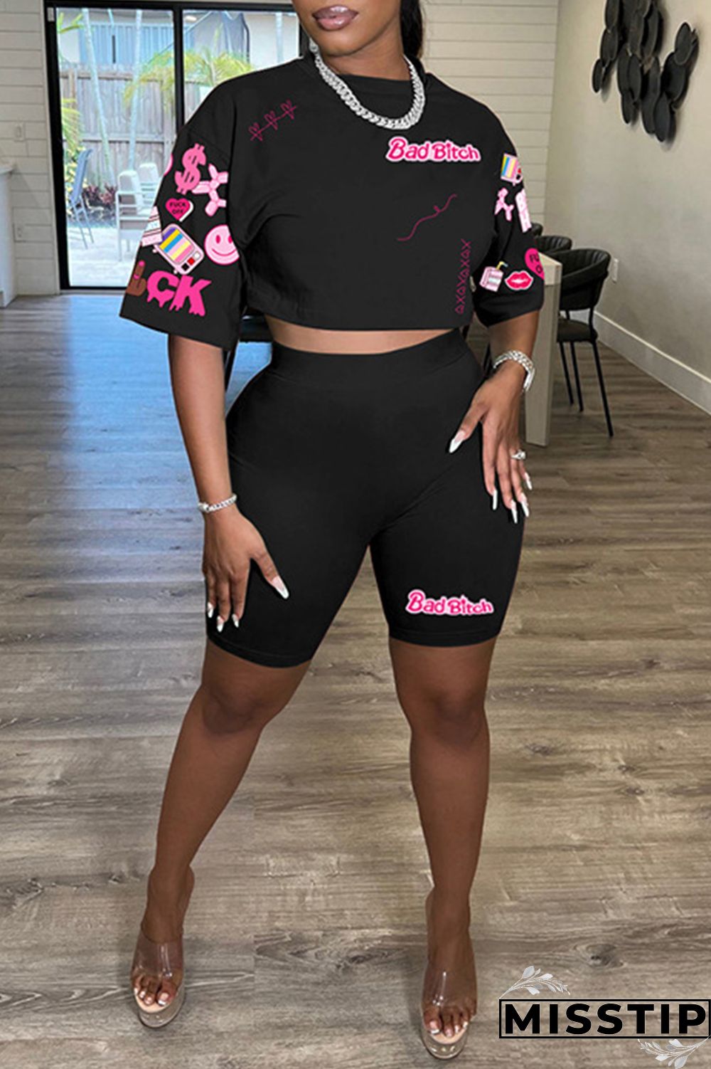 White Casual Print Basic O Neck Half Sleeve Two Pieces