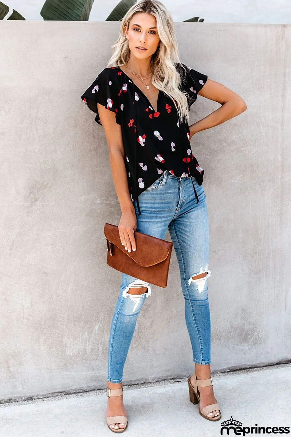 V-neck Short Sleeve Fashion Print Fantasy Fluttering Blouse