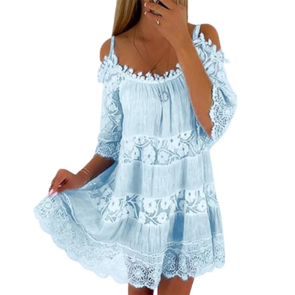 Scoop Neck Half Sleeves Loose Fit Summer Dress Embroidery Crochet Lace Cold Shoulder Mini Dress Female Clothing