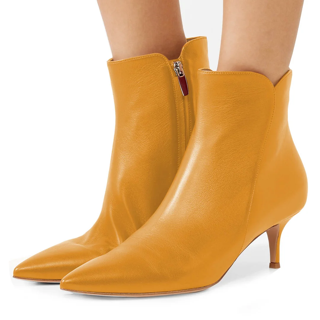 YDN Side Zipper Pointed Toe Kitten Heel Orange Short Boots for Women
