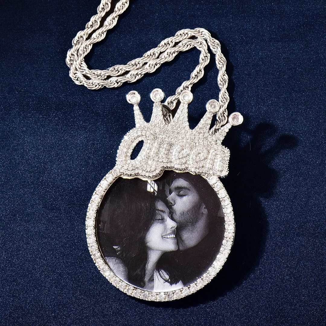 Custom Photo Iced Out Queen Crown Bail Pendant Hip Hop Necklace Jewelry-VESSFUL