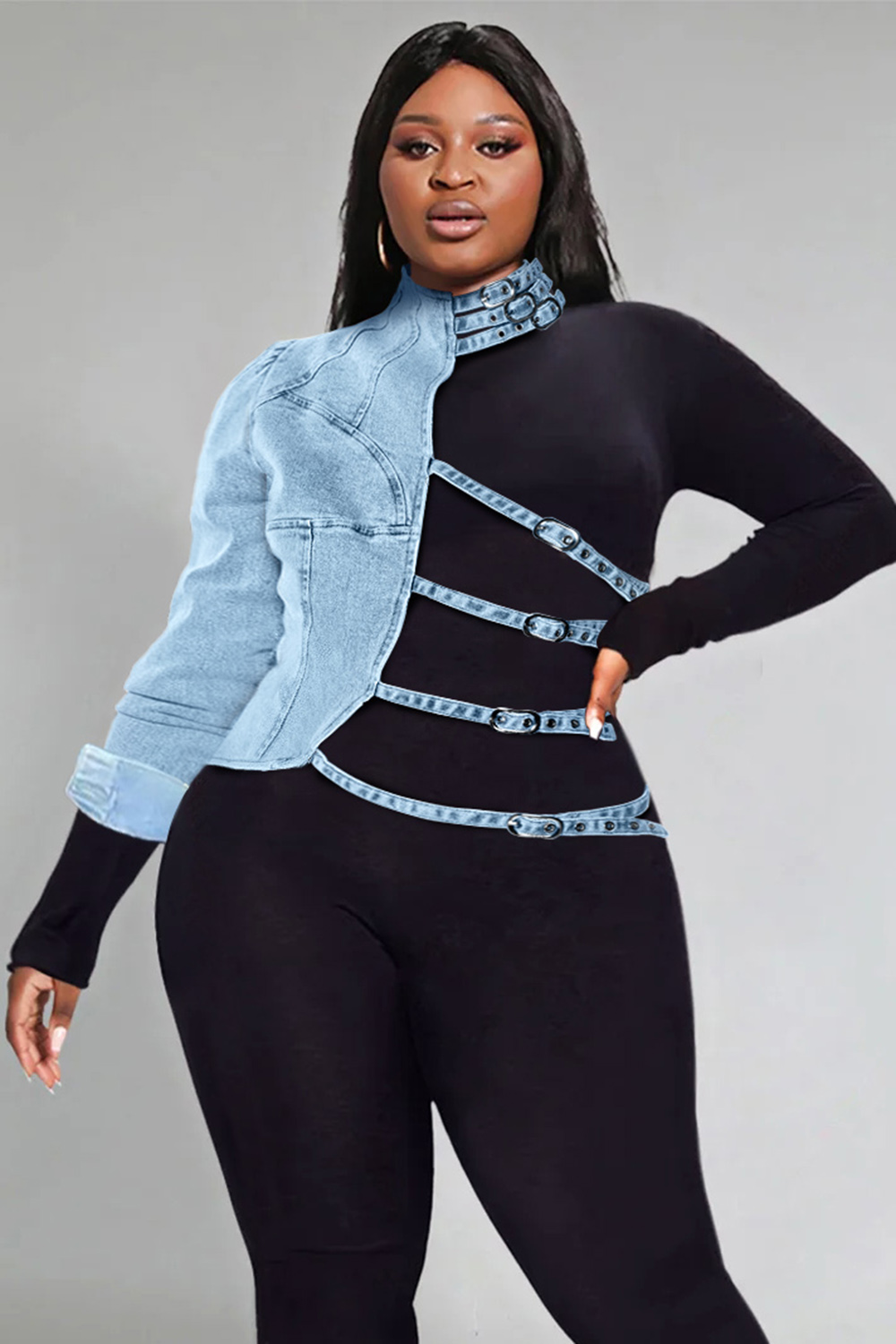 Design Plus Size Jacket Daily Casual Spring Fall Jacket  Blue Mock Neck Asymmetrical Denim One Shoulder Outerwear Jacket
