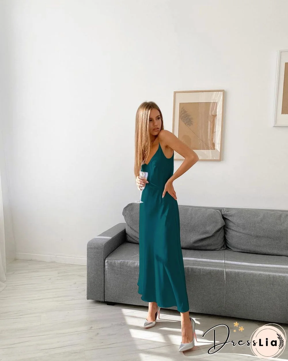 Unireal Summer Women Satin Slip Dress Spaghetti Strap Vintage Green Black Silk Sexy Long Party Dress