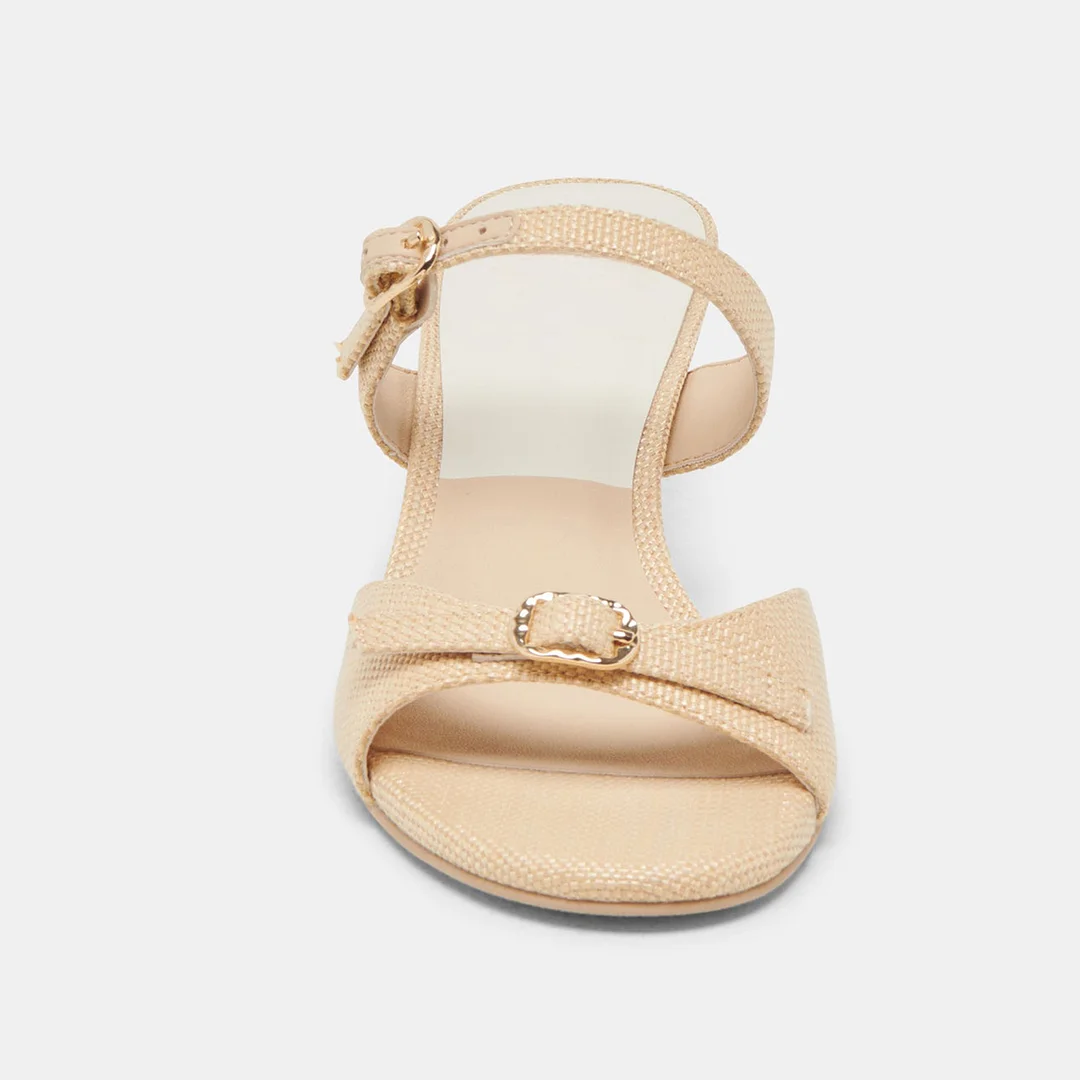 Beige Woven Raffia Open-Toe Buckle Kitten Heel Slide Sandals