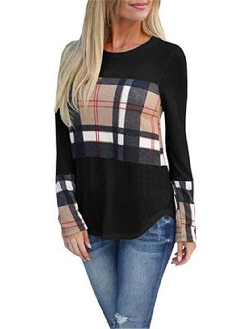 New Auntumn Winter Tops Fashion Women girl Round collar Patchwork long sleeve T-shirt Pullovers  woman tshirts