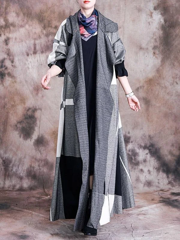 Casual Stitching Plaid Wool Long Coat