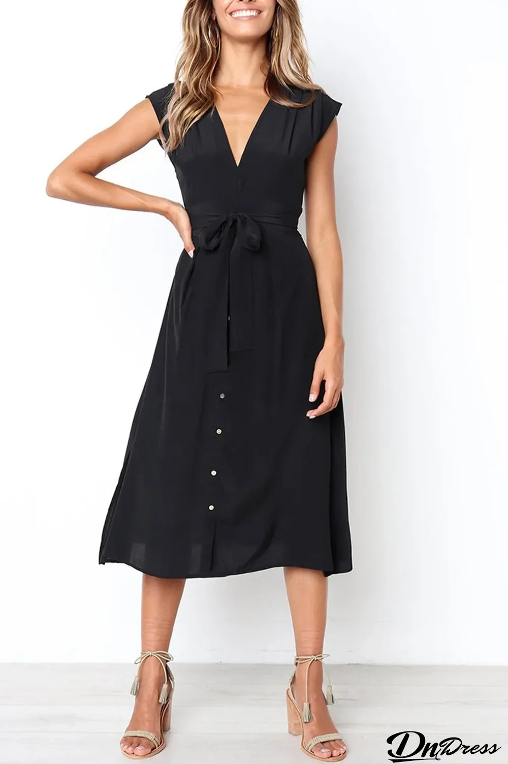 Sleeveless Stripe Lace Up V-Neck Dress