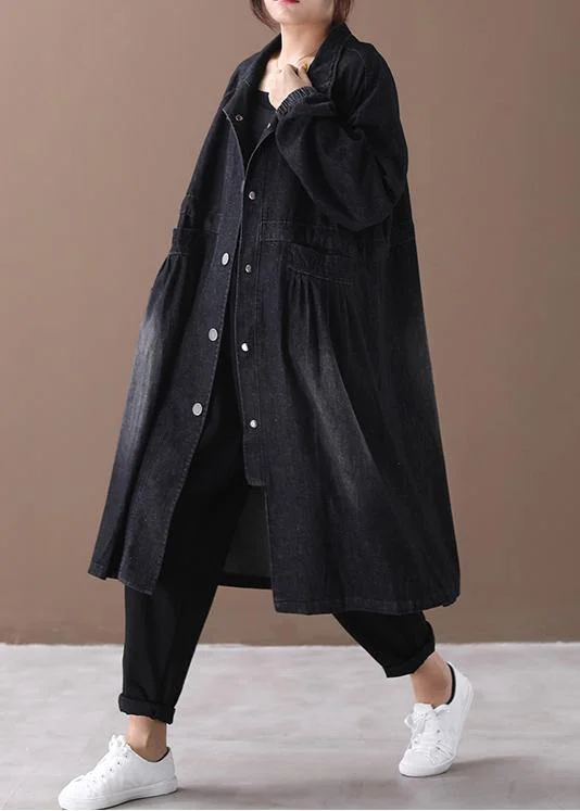 Women stand collar Cinched Fashion coat denim black loose outwears