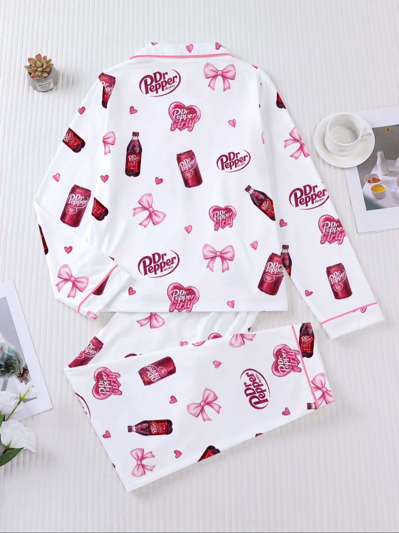 Women's Heart-shaped drink bottle Sleepwear Set, Long Sleeve Button-Up Top & Elastic Pants, Casual Home Wear, Party, Pajamas