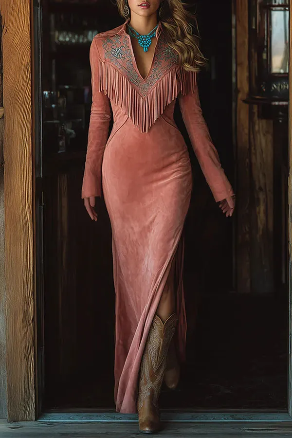 Fashionable Embroidered Floral Tassel Long-sleeved Slim-fit Maxi Dress