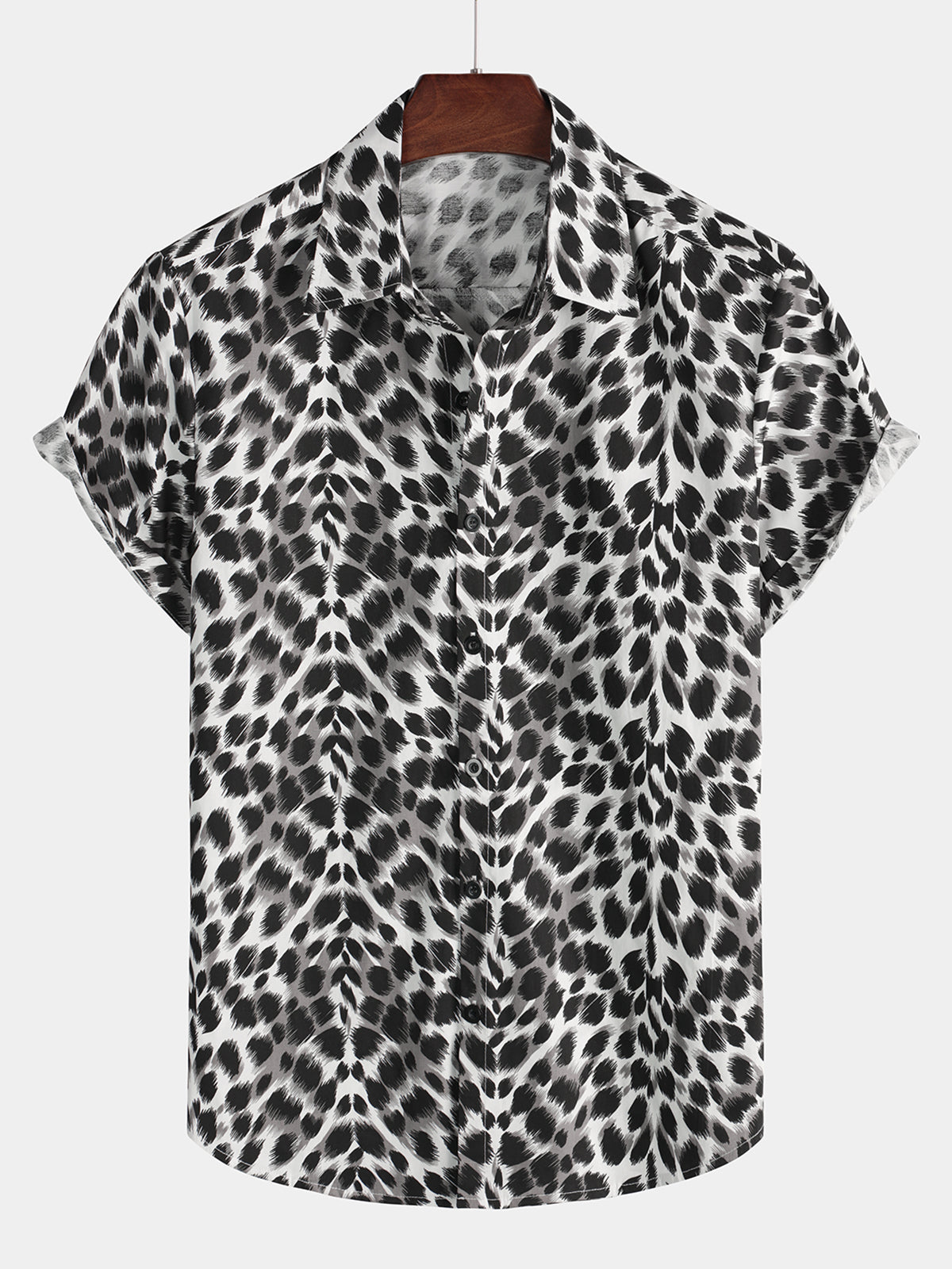 Men's Snow Leopard Animal Print Button Up Cotton Breathable Summer Short Sleeve Cool Black Cheetah Shirt
