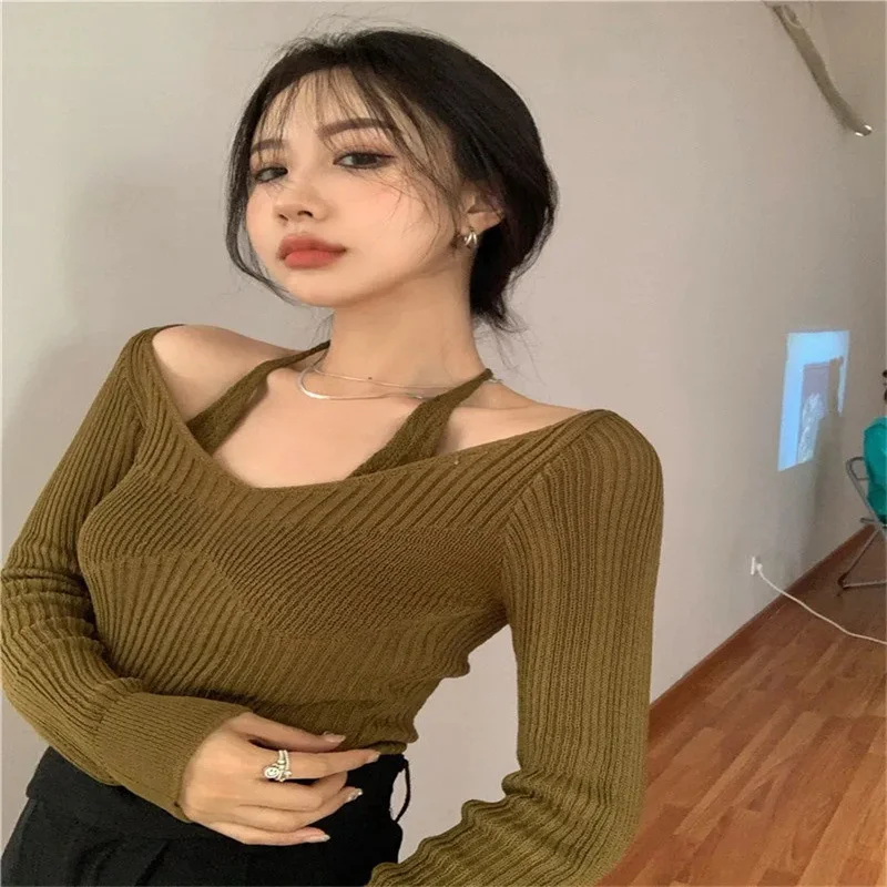 Uveng Uveng Two Knitted Shirt Women Spring New Sexy Slimy V Collar Hanging Neck Long Sleeve Bottom Shirt