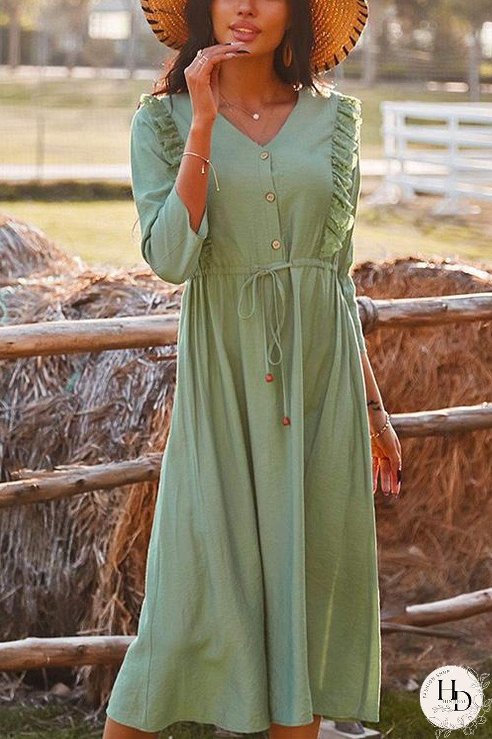 Bohemia Drawstring Waist Ruffle Holiday Dress