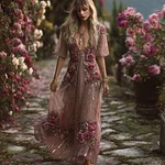 Women's Bohemian Rose Embroidery Lightweight Dry Color Dress - Image 2