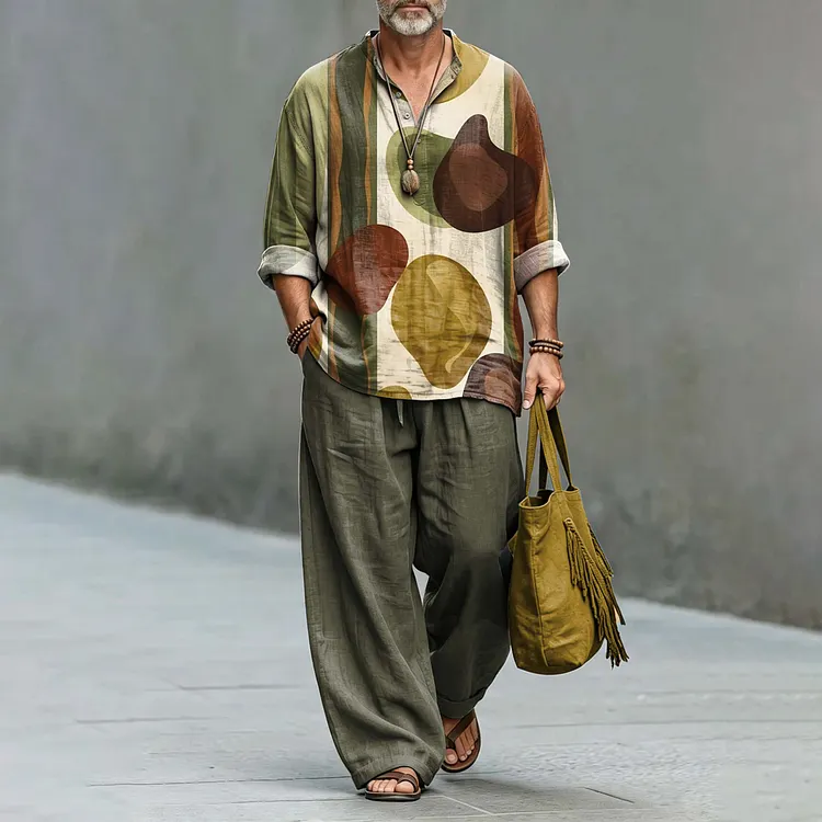 Men's Vintage Japanese Geometric Art Print Shirt And Pants Two Piece Set