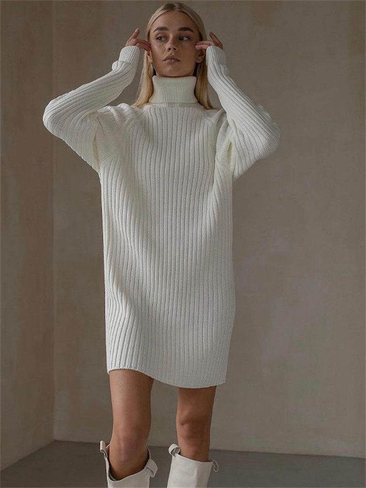 Long-sleeved High-neck Sweater Dress Women's Casual Loose Thickened Pit Stripes Solid Color Package Hip Autumn and Winter Knitted Dresses
