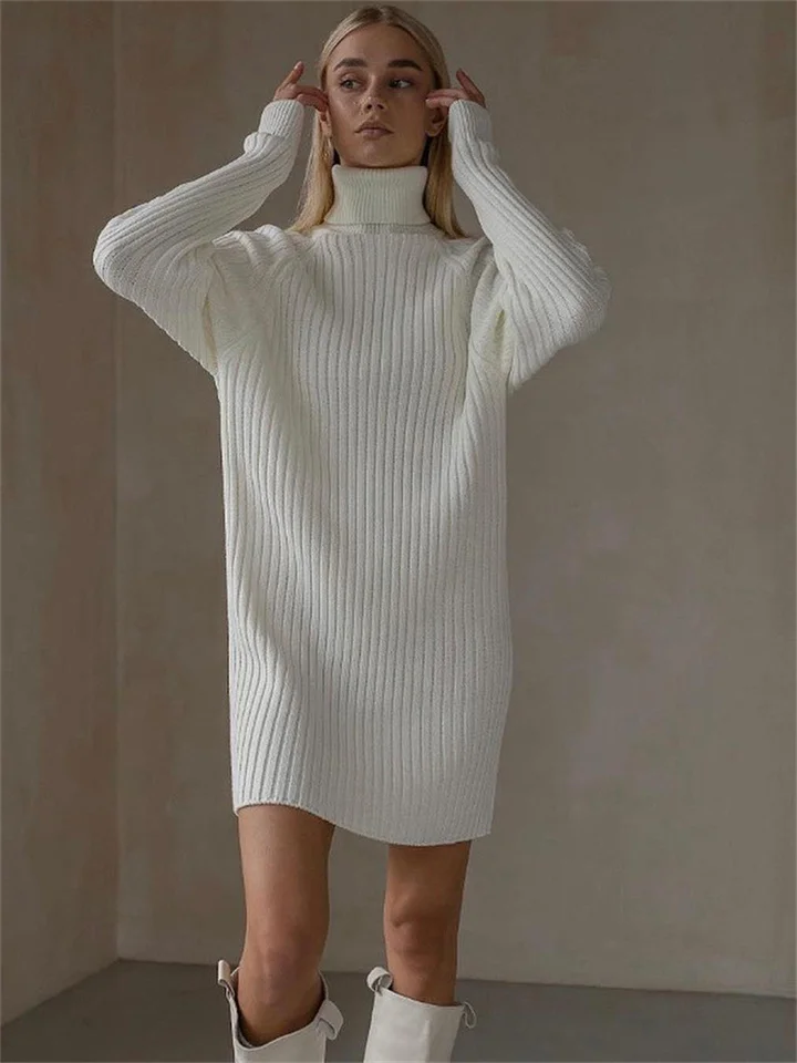 Long-sleeved High-neck Sweater Dress Women's Casual Loose Thickened Pit Stripes Solid Color Package Hip Autumn and Winter Knitted Dresses | 168DEAL