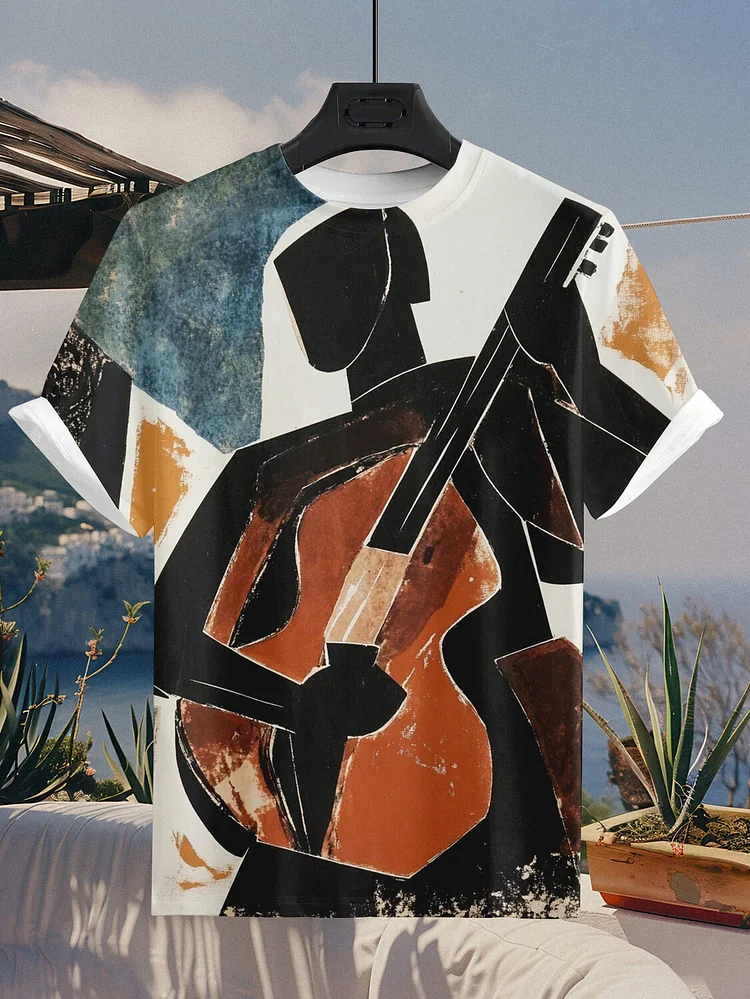 Men's Black People Playing Guitar Print T-Shirt