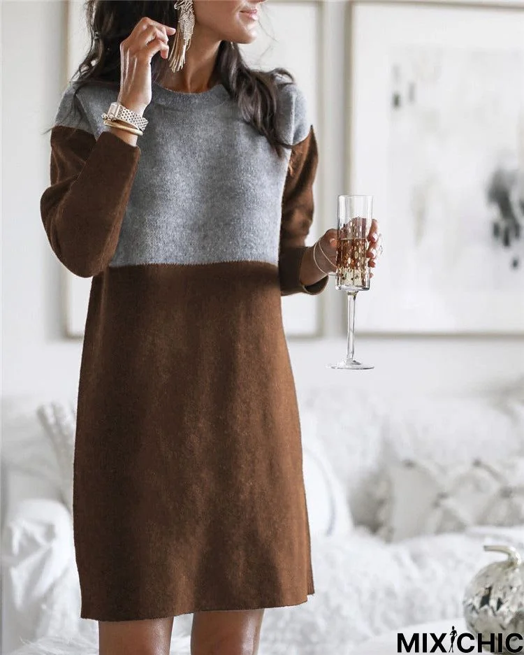 Women's Sweater Patchwork Skirt Basic Model Loose Plus Size Neck Long-sleeved Dress