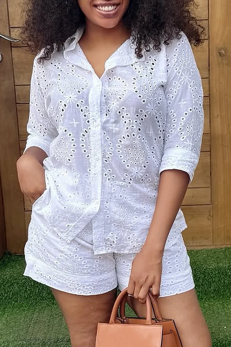 Plus Size Vacation White Shirt Collar Short Sleeve Cut Out Pocket Two Piece Short Sets [Pre-Order] 2024 - Xpluswear