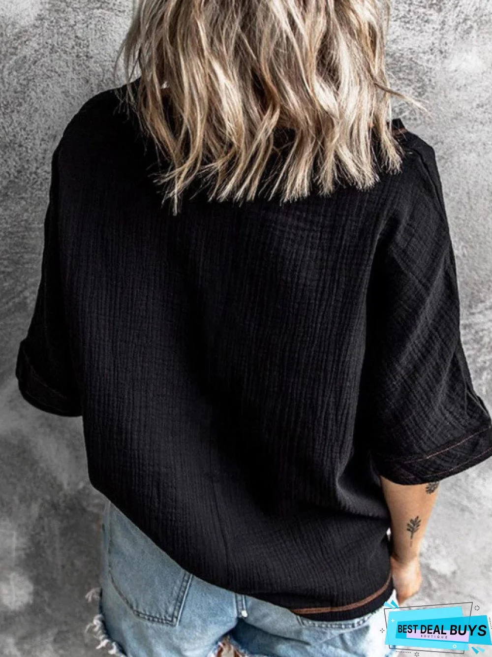 V-Neck Solid Color Loose Casual Short-Sleeved Blouse Linen