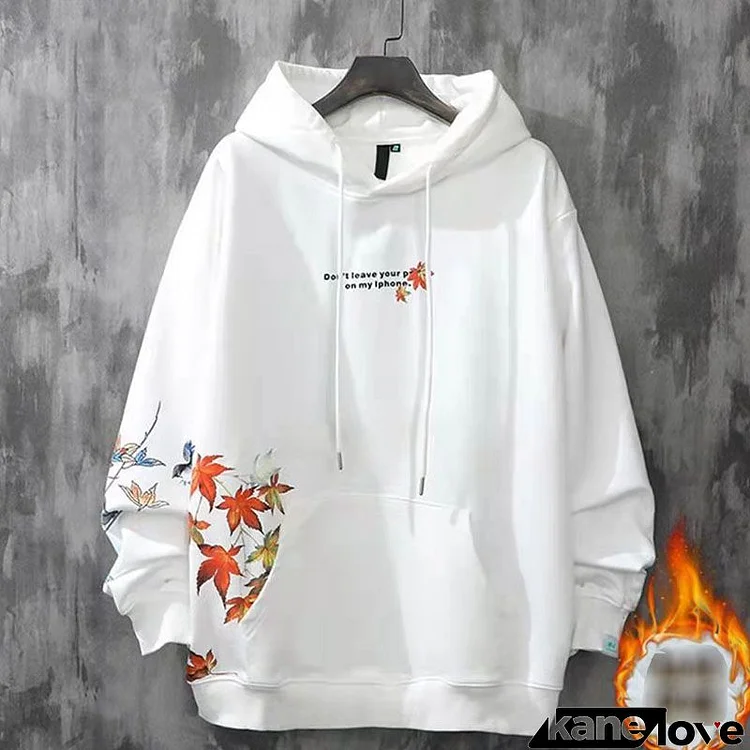 Men Plus Size Casual Long Sleeve Hat Rope Pocket Design Maple Leaf Printed Loose Hoodie