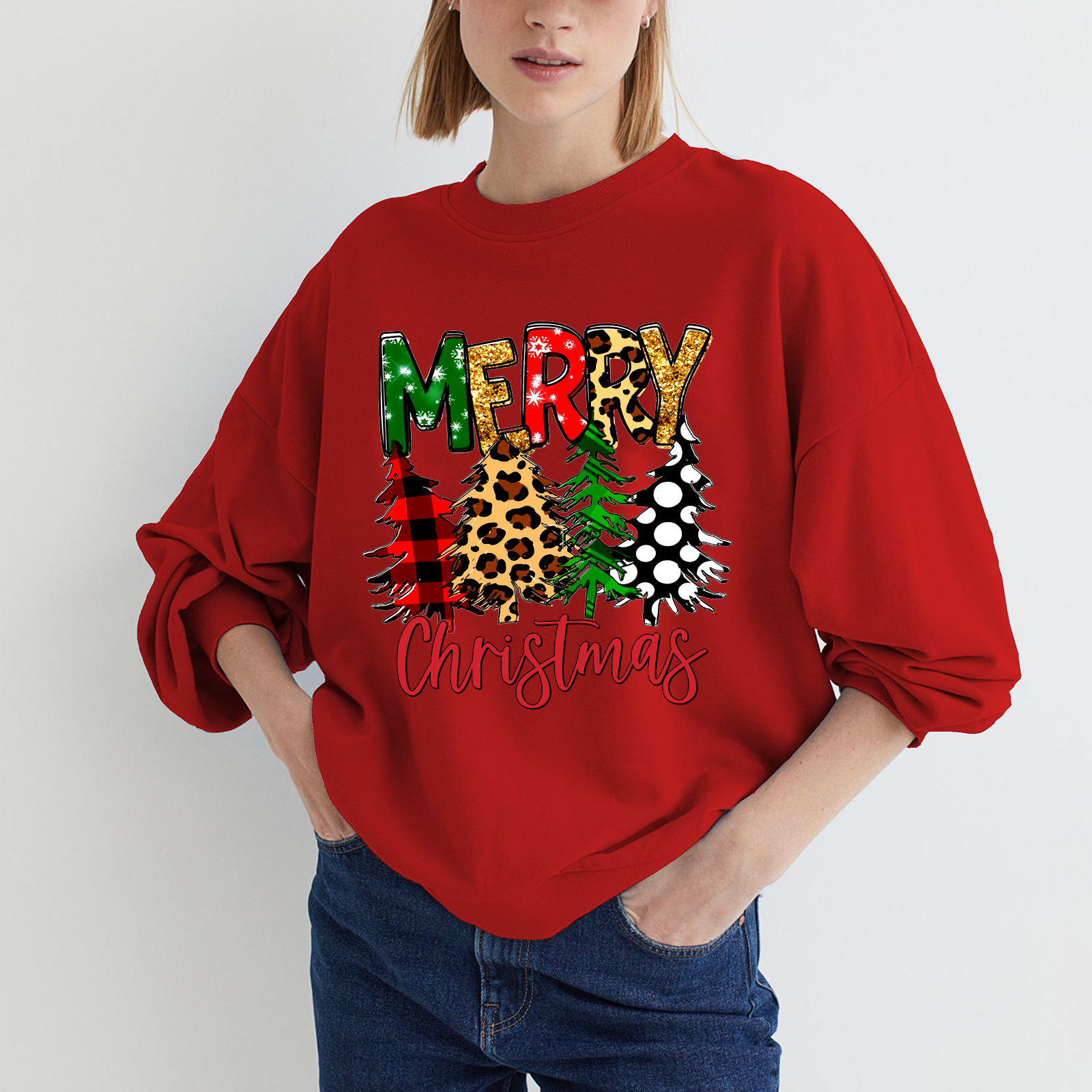 Christmas print drop-shouldered round neck hoodie