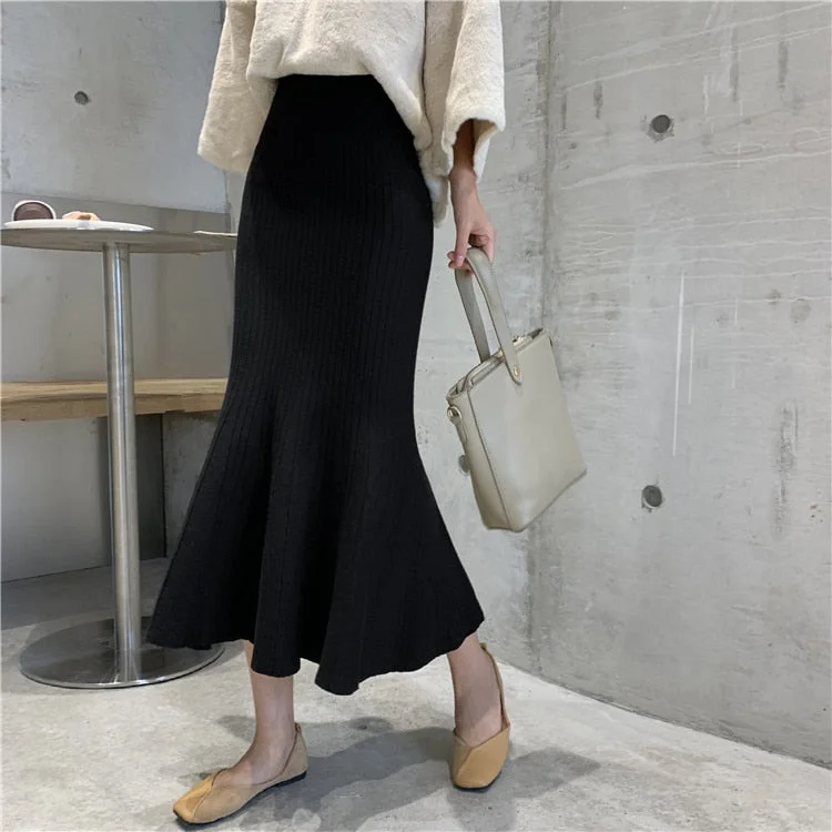 Winter Spring Knitted Mermaid Sweater Skirt Elastic High Waist Women Midi Skirt Solid Ruffle Party Skirts Female