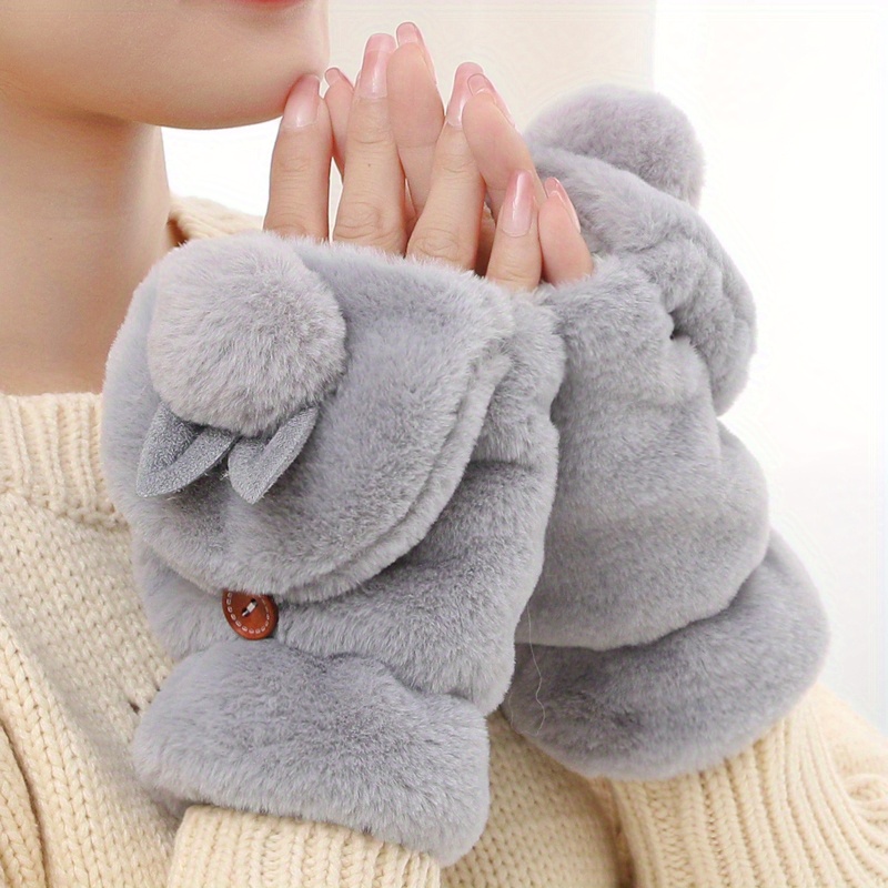 Cute Rabbit Ear Convertible Mittens Solid Color Soft Plush Warm Gloves Women's Autumn Winter Coldproof Fingerless Writing Gloves